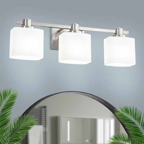 Bathroom Light Fixtures Over Mirror Bathroom Vanity Light Silver Modern Industrial Makeup Lighting Wall Sconce Farmhouse Rustic Milk Glass Lamp Desk Sink (Brushed Nickel, 23 Inch, 3 Light) - color: Brushed Nickel, size: 23 Inches