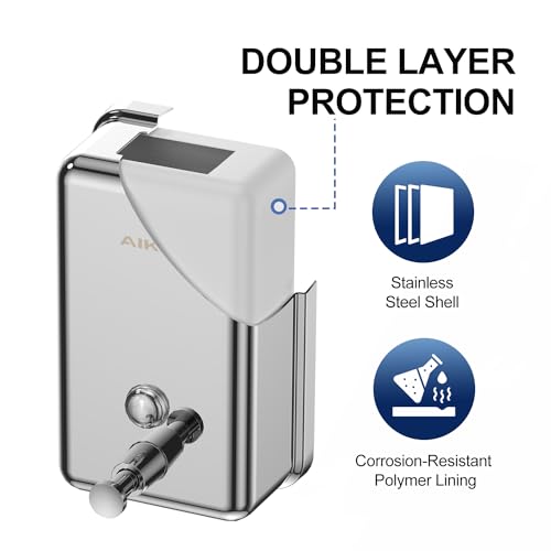 AIKE 37oz Liquid Soap Dispenser for Bathroom Easy Push,Polished AK1003 | Screw Wall Mount Design for Space-Saving,Large Capacity with Safety Key for Commercial Bathroom,Stainless Steel - color: Polished