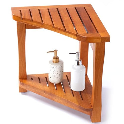 Teak Shower Bench with Storage Shelf, Corner Teak Shower Stool, Waterproof | 100% Grade A solid wood, marine-grade triple-coat finish, slatted drainage, non-slip feet and stainless steel hardware