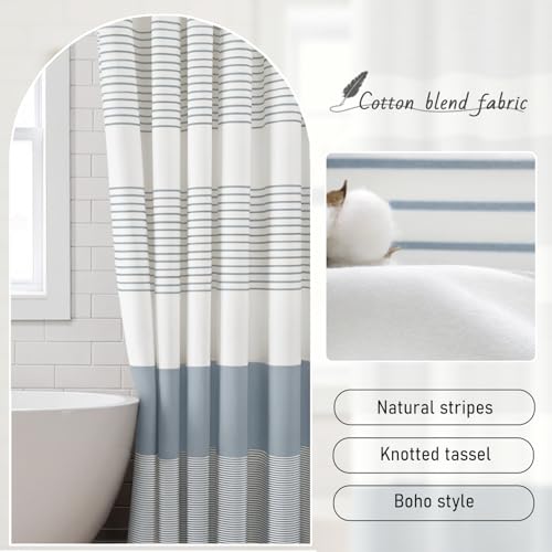 Blue Coastal Ocean Cotton Striped Shower Curtain with Tassel 72"W X 72"L | Boho Farmhouse Shower Curtains for Bathroom with Soft Cotton Feel - color: Light Blue, size: 72"W x 72"L
