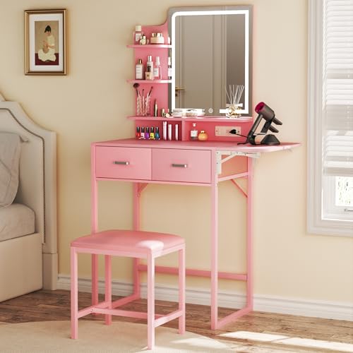ALEXNUTRE Vanity Desk with Mirror and Lights, Small Vanity with Fabric Storage Drawer & Chair & Shelves, Makeup Vanity with Fold-up Panel and Power Outlet for Bedroom - style: Pink