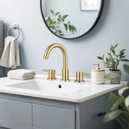 Bathroom Faucet 3 Hole Brushed Gold, 2-Handle Widespread Faucet | Lead-free stainless steel, pop-up drain, Detachable faucet aerator, 360°swivel, for RV & vanity sink 3-hole mount - color: 1-Brushed Gold, style: 8 Inch Widespread
