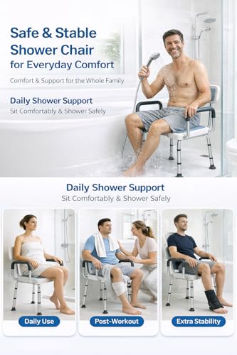 4-in-1 Shower Chair for Inside Shower with Arms and Back, HSA/FSA Eligible, 400lbs Capacity Height Adjustable U-Shaped Seat for Seniors Elderly Easy Bathing Tool-Free Assembly