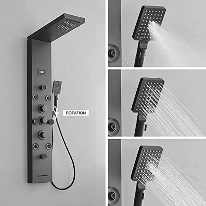BWE Shower Panel Rainfall Waterfall with Handheld Shower Matte Black | 6 IN 1 Stainless Steel Shower Tower Panel System Massage Body Jets with Tub Spout Water Temperature Display Wall Mount