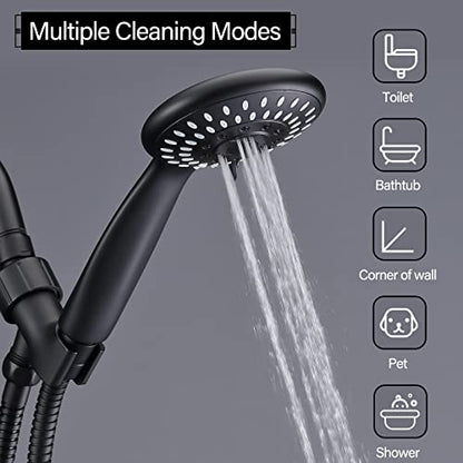 Handheld Shower Head High Pressure 5-Settings with Hose, Matte Black | Powerful Water Spray, Against Low Pressure Water Flow, 59 Inch Stainless Hose, Adjustable Mount - color: Black