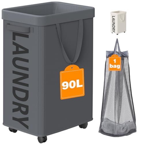Optish Laundry Basket with Wheels, 90L Rolling Laundry Hamper with Wheels, Large Clothes Hamper on Wheel with Removable Mesh Bag for Bedroom, Bathroom, Dorm, Grey - color: Grey, size: 90L (24Gal)