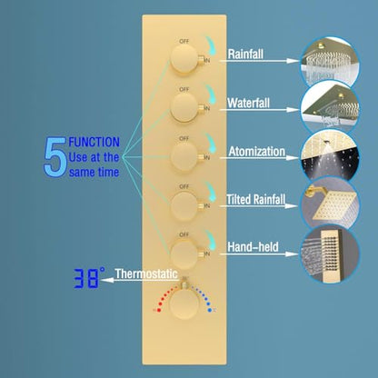 Enga Luxury Dual Shower Head System LED Thermostatic Shower System with 6 inch Wall Shower, 20-Inch 3 Function Shower Head (Rainfall & Mist & Waterfall), Brushed Gold - color: Brushed Gold, style: 20" Head (Rain + Mist+Waterfall) - 6" Head