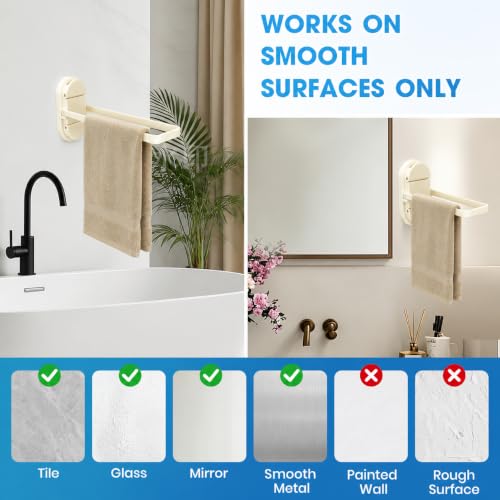 Suction Towel Rack No Drill,21LB Foldable Stainless Steel Bathroom | Dual suction rack holds 21lbs, fits glass & RV. Repositionable tool-free mount, no residue. Fold-flat rustproof brushed steel - color: White