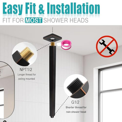 Oil Rubbed Bronze Shower Arm with Flange and Teflon Tape for High Ceiling Fixed Rain Showerhead, Universal Connection 16-inch Square Straight Shower Head Extender Extension Pipe, 304 Stainless Steel - color: Oil Rubbed Bronze, style: 16inch