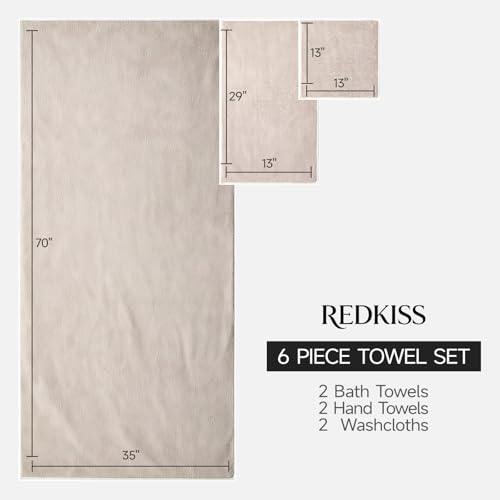 REDKISS Pack of 6 Towel Set - 2 Extra Large Bath, 2 Hand, 2 Washcloths, Ultra Soft & Highly Absorbent, Quicker to Dry, Beige Towels for Bathroom, Spa, Hotel, Gym - color: Beige