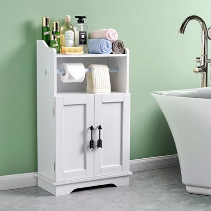 VECELO Bathroom Storage Cabinet, Freestanding Floor Organizer with Double Doors and Adjustable Shelf, Waterproof Wooden Cabinet for Bathroom, with Towel Bar - size: With Towel Bar