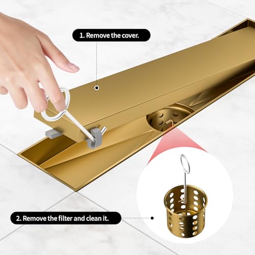 Linear Shower Drain, 304 Stainless Steel with Adjustable Leveling Feet, Hair Strainer,Reversely Install Place to Create an Invisible Floor Drain - Gold -12-Inch - color: Brushed Gold, size: 12inch