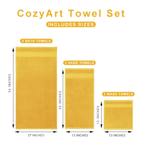 COZYART Bath Towel Set 6 PCS, Luxury Gold 100% Turkish Cotton 650GSM Soft | Absorbent Quick Dry, OEKO‑Tex 100 Cert. Zero Twist Ring Spun Cotton, Plush Fluffy, Breathable Hotel Quality Bathroom Towels - color: Mustard Gold