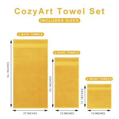 COZYART Bath Towel Set 6 PCS, Luxury Gold 100% Turkish Cotton 650GSM Soft | Absorbent Quick Dry, OEKO‑Tex 100 Cert. Zero Twist Ring Spun Cotton, Plush Fluffy, Breathable Hotel Quality Bathroom Towels - color: Mustard Gold