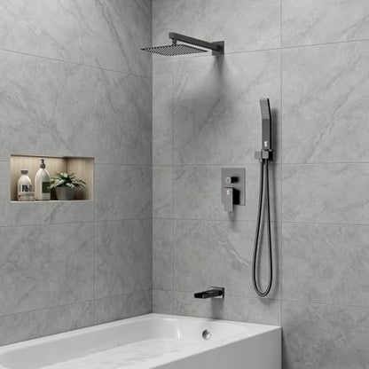 SR SUN RISE 8 Inch All Metal Square Shower System with Tub Spout, Tub Shower Faucet Set, High Pressure Rain Shower Head and Handheld Sprayer Shower Fixtues, Valve Included, Matte Black - color: Matte Black, size: 8 Inch