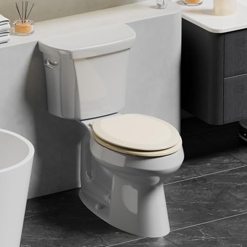 Angol Shiold Quiet-Close Molded Wood Toilet Seat with Non-Slip Adjustable Hinges, Anti-Pinch Bumpers, Easy Install & Clean（Bone, Elongated 18.5''） - color: Bone, size: Elongated 18.5‘’