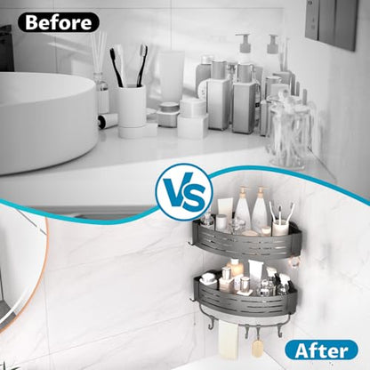Onemake Corner Shower Caddy with Suction Cups, 2-Pack Shelves for Bathroom | Removable Aluminum Wall Mounted Organizer Shelves, Storage Rack with Towel Bar & Portable Hooks, for Bathroom, Kitchen,Grey - style: 2 Tier-Gray-Triangle Caddies