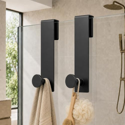 Over Glass Shower Towel Hooks, Shower Door Hooks, Black, 2 Pack | 7.5 inch Length, Stainless Steel, Heavy Duty, Easy Installation, Soft Padding, Shower Towel Hooks For Glass Shower Door
