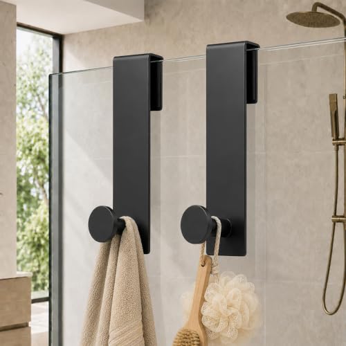 Over Glass Shower Towel Hooks, Shower Door Hooks, Black, 2 Pack | 7.5 inch Length, Stainless Steel, Heavy Duty, Easy Installation, Soft Padding, Shower Towel Hooks For Glass Shower Door