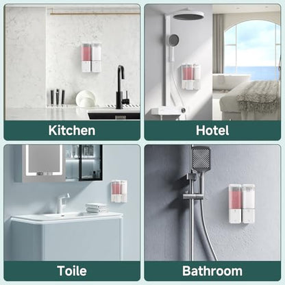 Shampoo and Conditioner Dispenser 2 Chamber No Drill Shampoo Dispenser for Shower Wall Mounted Shower Soap Dispenser 2 * 500ml Refillable Shower Dispenser for Bathroom Hotel,White - color: White-clear-2