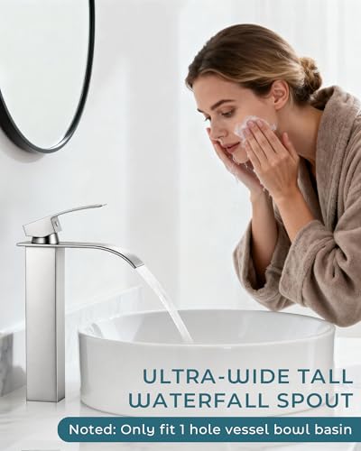 Brushed Nickel Bathroom Faucet 1 Hole Waterfall Vessel Sink Faucet | Certified NSF cUPC DOE CEC SUS304 steel.waterfall spout,Single Handle Bathroom Sink Fauce,Pop-up Drain,Fits vanity,Bar sink - color: A-Brushed Nickel, style: Tall