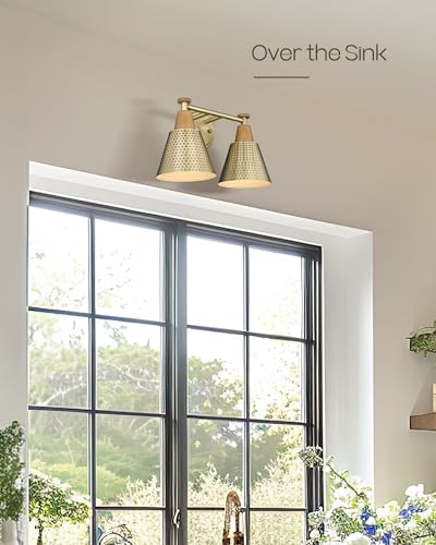FEMILA Bathroom Light Fixtures, 2-Light Bathroom Vanity Lights Over Mirror, Antique Gold Wall Sconces, Hammered Metal Shade, 4FG59B-2W BG - color: Gold, size: 15"