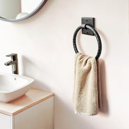 Monarch Abode Bathroom Towel Holder – 7-Inch Round Matte Black Bathroom Hand Towel Holder for Bathrooms Wall, Metal Hand Hammered Towels Ring Wall Mount, Traditional Surface-Mounted Ring Hanger - color: Matte Black, style: Traditional