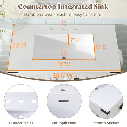 AMERLIFE 36" White Farmhouse Bathroom Vanity with Sink and 2 Drawers | Antique White, Single Solid White Integrated Top, Moisture-Resistant MDF, 2 X-Panel Door, 2 Drawer, Open Shelf, Towel Holder - color: Antique White, size: 36”