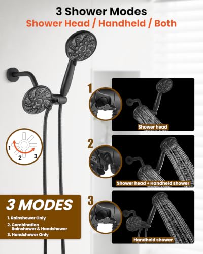 gotonovo Dual Shower Head Kit with Valve 6 Mode Handheld Matte Black | 6 Mode ABS Rain Head 6 Mode ABS Handheld Spray 2 in 1 Bathroom Trim Kit Pressure Balance Valve Shower Head and Handle Set - color: Black