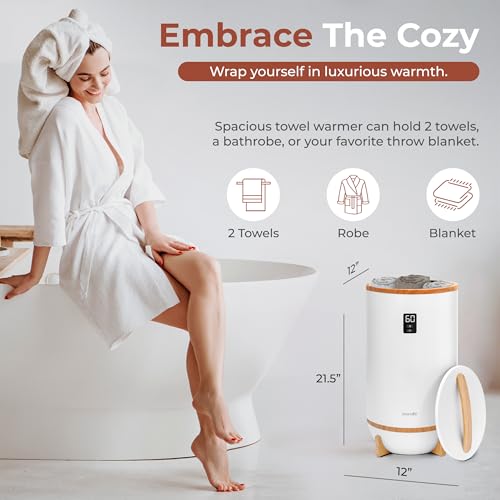 SereneLife Towel and Blanket Warmer - Single Touch Portable Towel Heater for Bathroom, Fragrant Disc Holder, LED Ring, 2 Large Towel Capacity, Built-in Timer (15-60 mins), Auto Shut-Off (White) - color: Bamboo