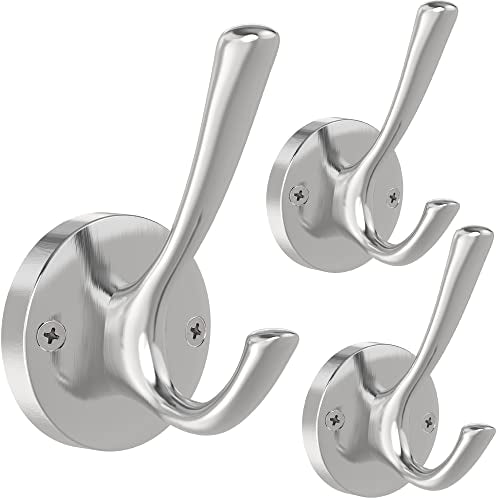 TOFIIGREM Brushed Nickel Robe Hooks Towel Hooks, 3 Pack Coat Hook Heavy Duty Mudroom Hook Double Bathrobe Hook Wall Mounted, Hat Hooks for Entryway Bathroom Kitchen Closet - color: Silver, size: 3 Pack