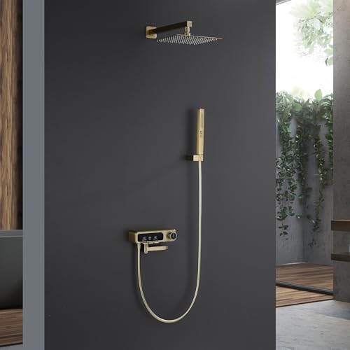 Rainfall Showerhead and Handle Set, 10" Bathroom Shower System, 3 Functions Wall Mounted Shower Faucet Complete Combo Solid Brass with Foldable Tub Spout Modern Bathtub Faucet Shower Trim Kit - color: Brushed Gold