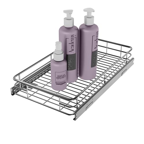 Pull Out Shelves For Kitchen Cabinets 11" W x 21" D, Chrome | Heavy-Gauge Wire Kitchen Cabinet Organizer, 100 lbs Capacity, Ball-Bearing Glides, Min 12" Opening, Under Sink Organizer - size: 11.7" W x 21" D