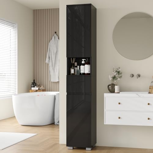 MHOM High Glossy Slim Bathroom Cabinet. 66.9" Tall Storage Cabinet with Drawer and Adjustable Shelves, Narrow Linen Cabinet for Bathroom, Laundry, and Living Room, Black - color: Black