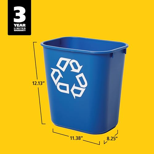 Rubbermaid Commercial Deskside Recycling Container, 3.25-Gallon/13-Quart, Blue Recycling Symbol, Plastic, for Bedroom/Bathroom/Office, Fits Under Desk/Sink/Cabinet