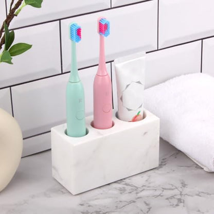 Natural Marble Toothbrush Holder, White, 3 Slots | Large Bathroom Organizer Countertop, Ventilation Design, Stone Toothbrush and Toothpaste Stand, Non-Slip Silicone Pads - color: White, size: 3 Slots
