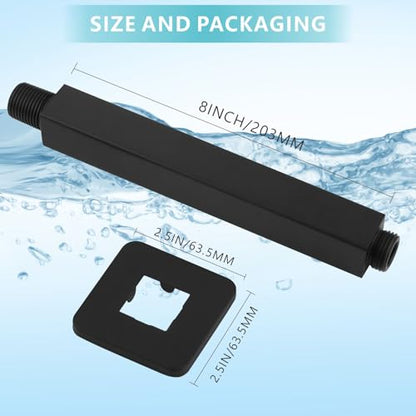 Ceiling Mounted Shower Arm with Flange, Universal Connection 1/2 NPT Straight, Made of Thicken Stainless Steel, Square Extension Arm for Fixed Rain Shower Head(8 Inch,Matte Black) - color: Matte Black, style: 8 Inch