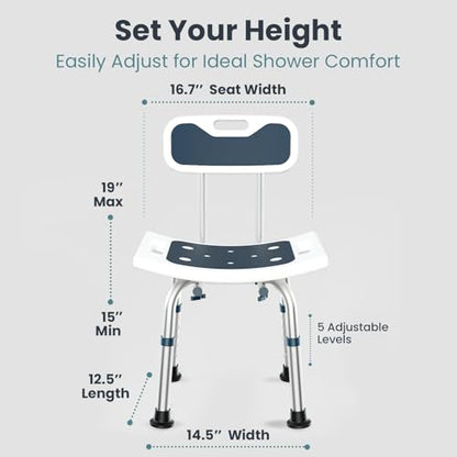 Pelegon Shower Chair for Inside Shower, Shower Bench with Back, Adjustable 15-19 in Height, Non-Slip Feet, Rust-Resistant Aluminum Bath Seat for Elderly and Disabled, 300 lb Capacity - Dark Blue - color: Dark Blue