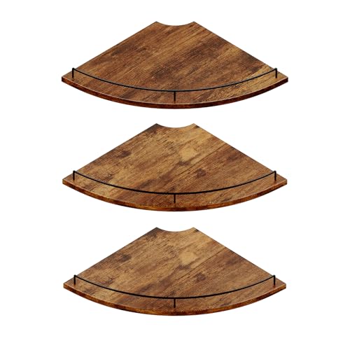 JJL Corner Shelf Wall Mounted, 12 Inches 3-Tier Floating Corner Shelf, Fan-Shaped Rustic Wood Decor with Fence, Brown Storage Organizer for Apartment Bedroom Kitchen Bathroom - color: Rustic Brn, size: Fan 3-Tier