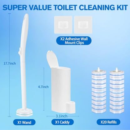 Toilet Brush Set with 20 Replacement Heads, Wand & Caddy, 5X Cleaning Power | Pre-filled Toilet Bowl Cleaners, Firm & No Dropping, Wall-Mountable, Fresh Fragrance, Touch-Free, Toilet Cleaning Kit - size: Starter Kit+20 Refill Heads
