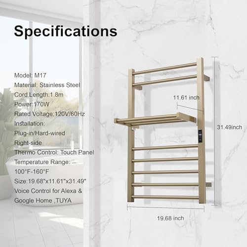 Heated Towel Warmer Rack Electric Bathroom with Voice Control Alexa & Google Home,TUYA Wall-Mounted,Stainless Steel,31.5x19.69x11.61in,Foldable Storage,Plug-in,Brushed Brass,10 Bars - color: Brushed Brass With Wifi & Shelf