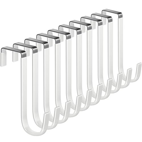 Single Over Door Steel Hooks 10 Pack Fit 1-3/8" Door 5.5" White | Plastic Coated Rubber Feel Towel Rack Robe Coat Shoe Wreath Hanger No Damage No Scratch for Bathroom Heavy Duty Thin Top