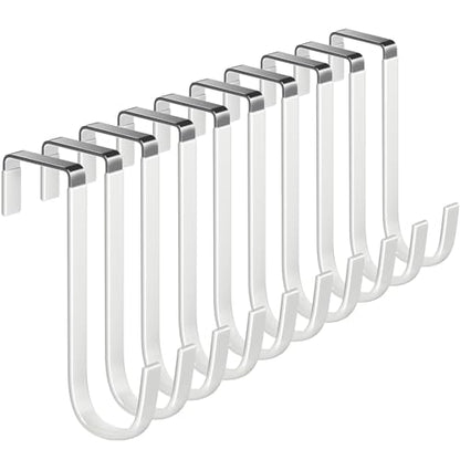 Single Over Door Steel Hooks 10 Pack Fit 1-3/8" Door 5.5" White | Plastic Coated Rubber Feel Towel Rack Robe Coat Shoe Wreath Hanger No Damage No Scratch for Bathroom Heavy Duty Thin Top