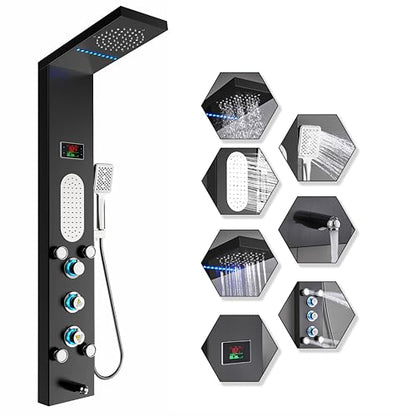 ELLO&ALLO LED Shower Panel Tower System, Rainfall and Mist Shower Head Rain Massage with Body Jets, Brushed Black - color: Black