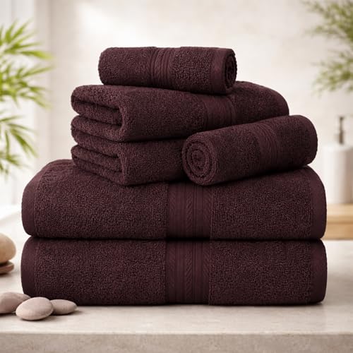 100% Cotton Bathroom Towel Set, 600 GSM, Soft & Absorbent, 6 Piece Set (2 Bath Towels, 2 Hand Towels, 2 Washcloths), Brown - color: Brown, size: Towel Set of 6