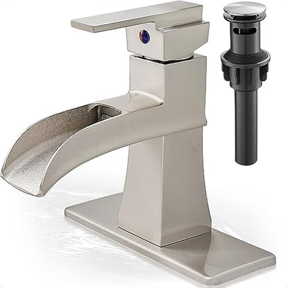 Waterfall Bathroom Sink Faucet, Brass Brushed Nickel Bathroom Faucet One Handle, 4 Inch Single Hole or 3 Holes with Pop-Up Drain, Supply Hoses & Deck Plate for Vanity Lavatory RV, 5 Mins Install - color: Brushed Nickel