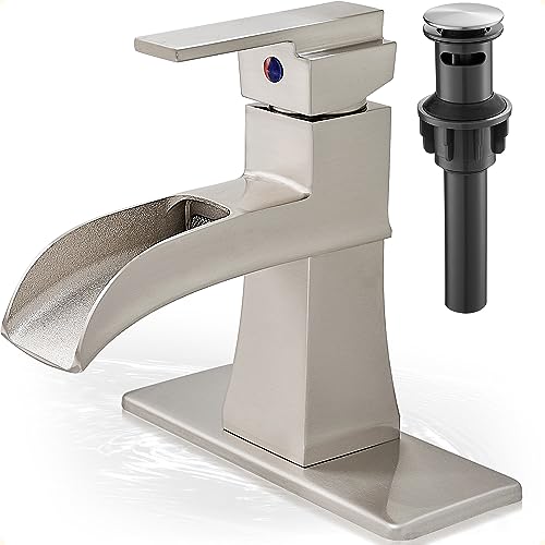 Waterfall Bathroom Sink Faucet, Brass Brushed Nickel Bathroom Faucet One Handle, 4 Inch Single Hole or 3 Holes with Pop-Up Drain, Supply Hoses & Deck Plate for Vanity Lavatory RV, 5 Mins Install - color: Brushed Nickel