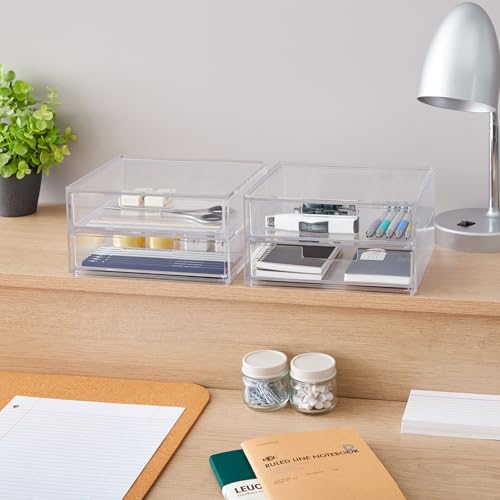 STORi Stackable Desk Drawer Organizer, Clear Pen Pencil Makeup Brush Holder for Desktops and Vanities, 4 Wide Drawers (Made in USA) - style: 7.5"W x 1.5"H Drawers (Set of 4)