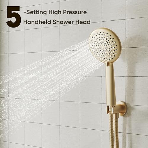Gabrylly Shower System with Tub Spout, Bathtub Shower Faucet Set with 10" Rain Shower head and 5-Setting Handheld Shower, Wall Mounted Shower Fixtures with Pressure Balance Shower Valve, Brushed Gold - color: Brushed Gold, style: 10 Inches-With Tub Spout