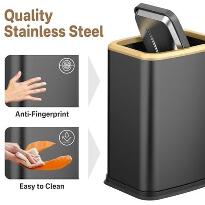 2.1 Gallon Slim Bathroom Trash Can with Swing Lid, 8L Stainless Steel Bathroom Garbage Can with Removable Inner Bucket for Narrow Spaces, Toilet Side, Bathroom, Bedroom - color: Black and Gold